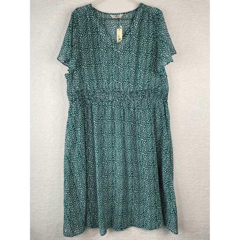 Agnes Orinda Plus Size Green Animal Print Smocked Waist V-Neck Midi Dress 3X NEW